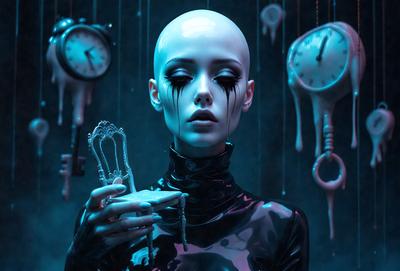 The primary subject of the image is a woman with a shaved head, wearing a black dress and holding a clock. The setting is a dark room with a clock on the wall. The visual style is a digital art, and the colors and mood are predominantly dark and mysterious.